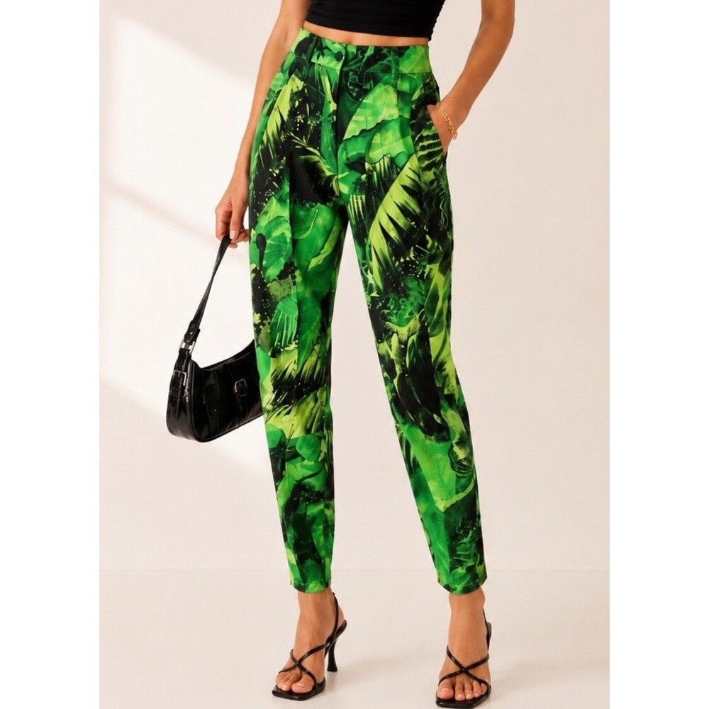 VTG Escada Margaretha Ley Tropical Jungle Print Pant Women Sz 36 Green Botanical
